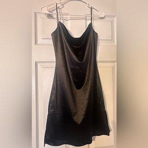 Zaful Black Satin Mini Dress Size 8 with side slits and spaghetti straps